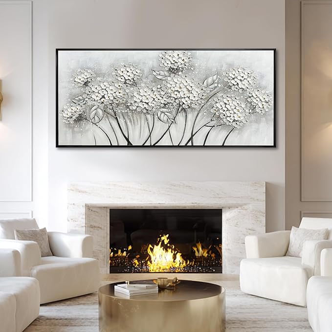SOUGUAN Plant Hand Painted Wall Art White Wall Decor Floral Canvas Painting 32"x70" Large Artwork for Bedroom Decorative Pictures for Living Room