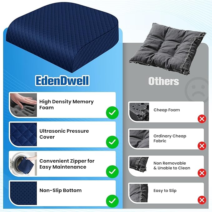 Seat Cushion, Memory Foam Chair Pad, Non-Slip Cushion for Office, Home, Car, Large Desk Chair Cushion, Washable Cover & Handle, Large, Blue