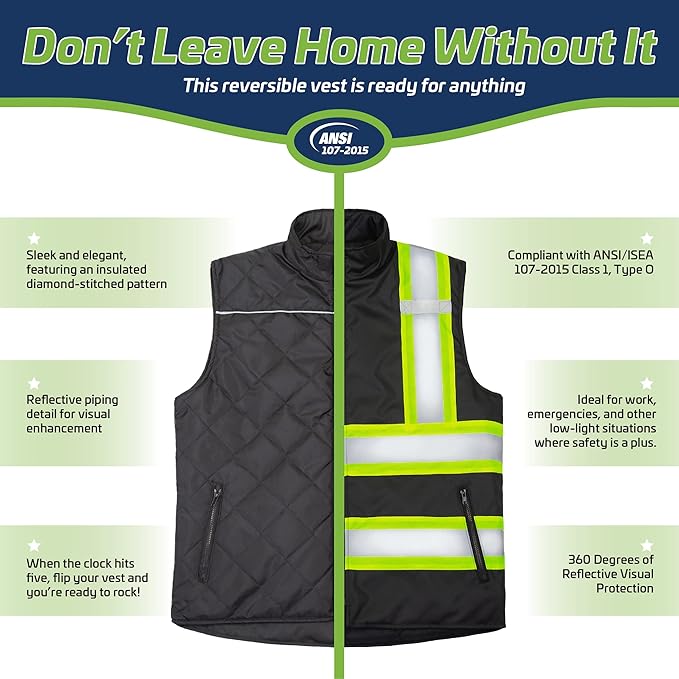 JORESTECH High Visibility Reversible Insulated Safety Vest with ANSI Compliant Reflective Tape Bodywarmer