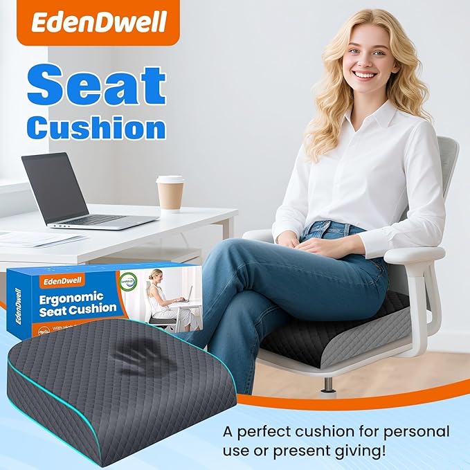 Seat Cushion, Memory Foam Chair Pad, Non-Slip Cushion for Office, Home, Car, Large Desk Chair Cushion, Washable Cover & Handle, X-Large, Grey