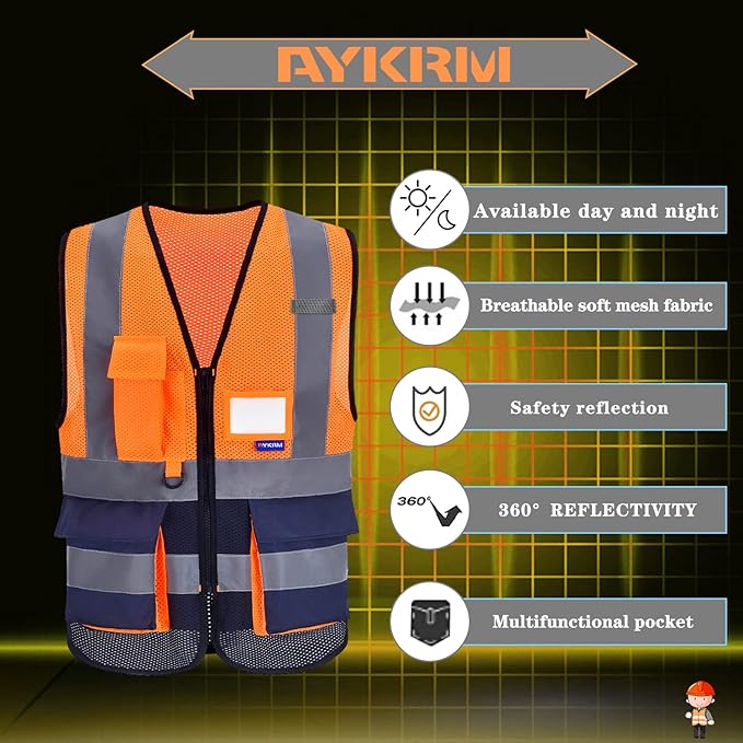 A-SAFETY High Visibility Safety Vest with 4 Reflective Strips 7 Pockets,Orange&Navy Mesh X-Small