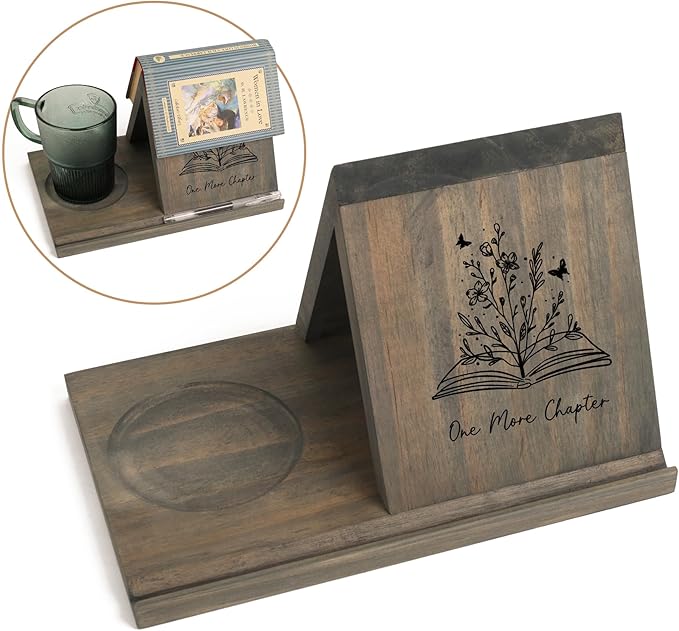 Wooden Book Holder with Drink Holder, Wooden Triangle Bookmark Reading Rest with Slotted, Book Display Bookmark Book Holder Decor for Coffee and Book Lover Gifts (Greenish Gray)