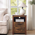 Brown Night Stand, Rustic End Table with Charging Station, Farmhouse Tall Nightstand for Bedroom, Drawer Dresser Bedside Table with Open Storage Shelf