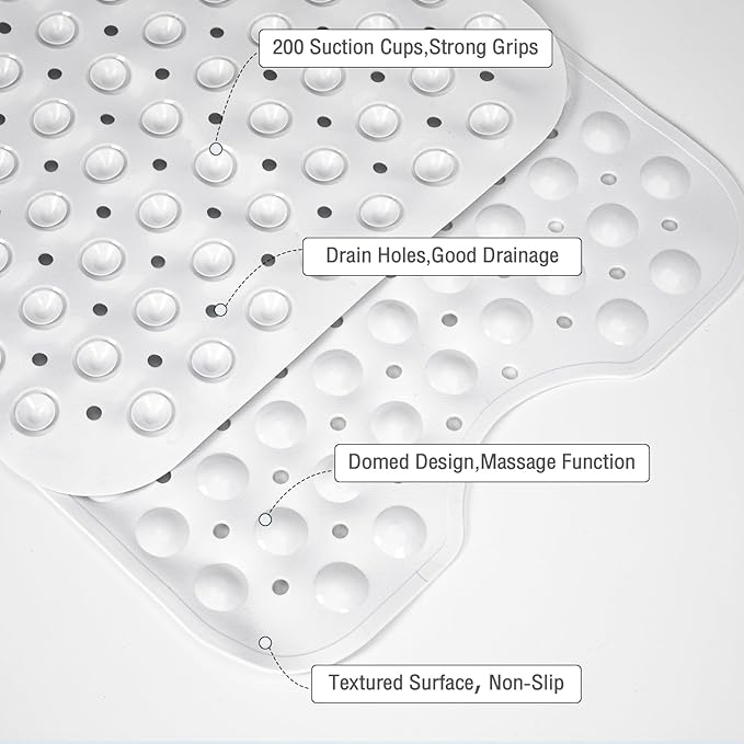 Extra Long White Bathtub Mat Non Slip, Soft Bath Mat for Tub 40 x 16 Inch Full Size, Bath Tub Shower Mats for Bathroom Floor, Big Suction Cups and Drain Holes, Easy Washable, BPA Free