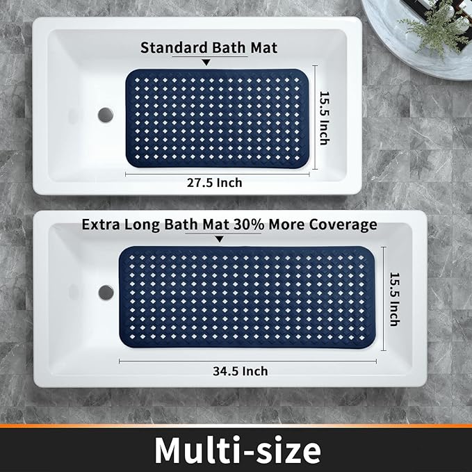 Yimobra Non Slip Bath Mat, Super Strong Suction Cups,34.5"x15.5"Long Tub Mat with Drain Holes, Machine Washable Fast Draining Shower Mats, Bathroom Essentials,Navy Blue