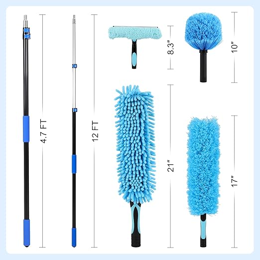 20 Foot High Ceiling Fan Duster with 5-12ft Extension Pole, Heavy Duty High Reach Duster Kit for Cleaning, Spider Web Brush, Washable Dust Brush for High Roof and Glass Surfaces