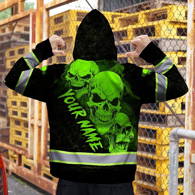 Matedecor Skull US Flag Reflective High Visibility Hoodie For Men Construction Hi Vis Safety Workwear Custom Name