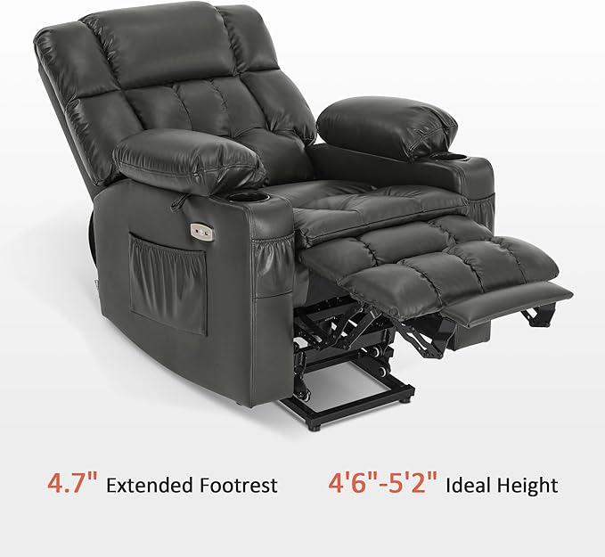 MCombo Dual Motor Small Power Lift Recliner Chair for Elderly, Lay Flat Lift Chair with Heat and Massage, Petite Lift Chair, Cup Holders, Faux Leather 7893 (Grey, Small)