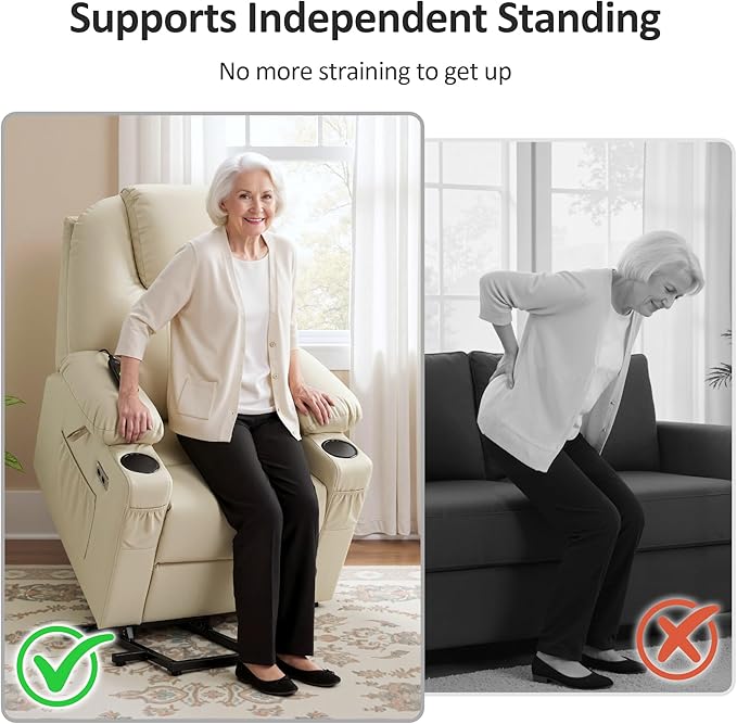 MCombo Power Lift Recliner Chair for Elderly, Lift Chair with Heat and Massage, FSC Certified, USB Ports, Cup Holders, Faux Leather 7141 (Cream White, Small)