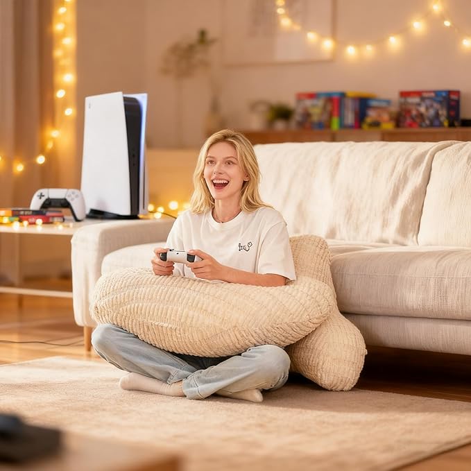 Back Pillow for Bed Sitting Up,U Shaped & Back Support Pillow for Bed,19" Backrest with Lumbar & Arm Support,Comfy Corduroy Fabric,Lap Pillow for Gaming/Reading/Watching TV,White