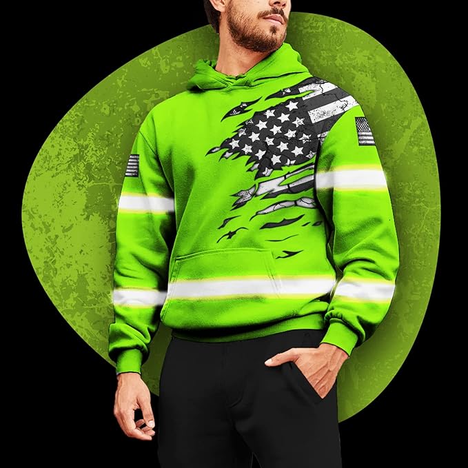 US Flag High Visibility Hoodie for Men Reflective Hoodie Safety Workwear for Worker Runner Patriotic ACC02