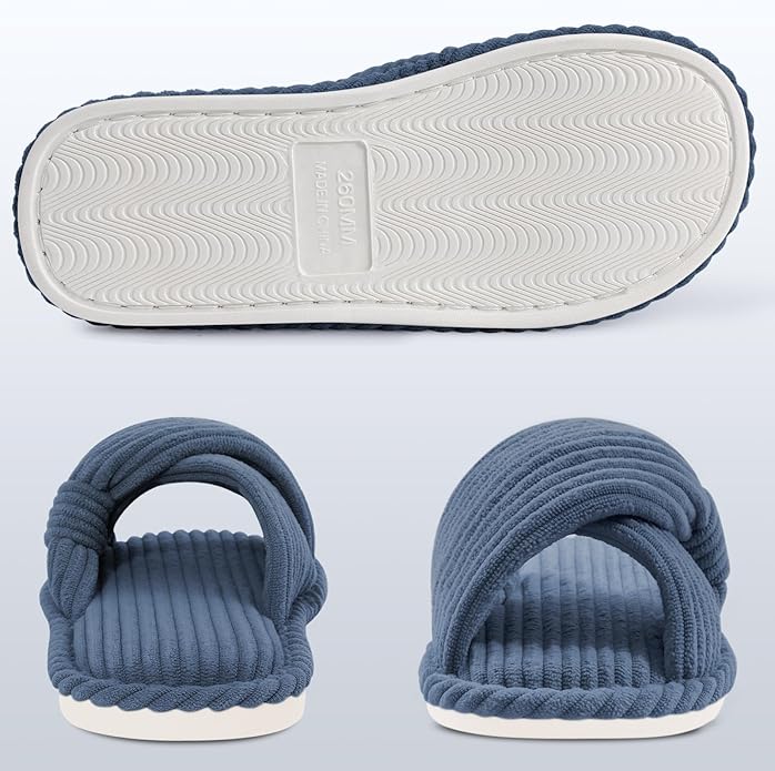 Evshine Fall House Slippers for Women Corduroy Cross Bow Indoor Slippers Open Toe Slip On Bedroom Shoes with Memory Foam