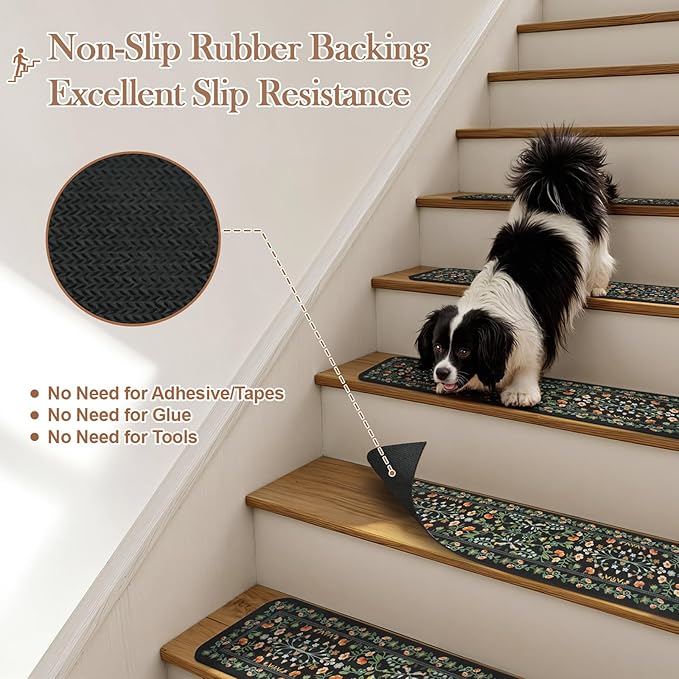 OJIA Floral Stair Treads Non-Slip Stair Runner for Wooden Steps Indoor 15PCS 30"x8" Carpet Stair Treads Stair Mats Staircase Step Treads for Kids, Elders and Dogs, Stair Covers, Black