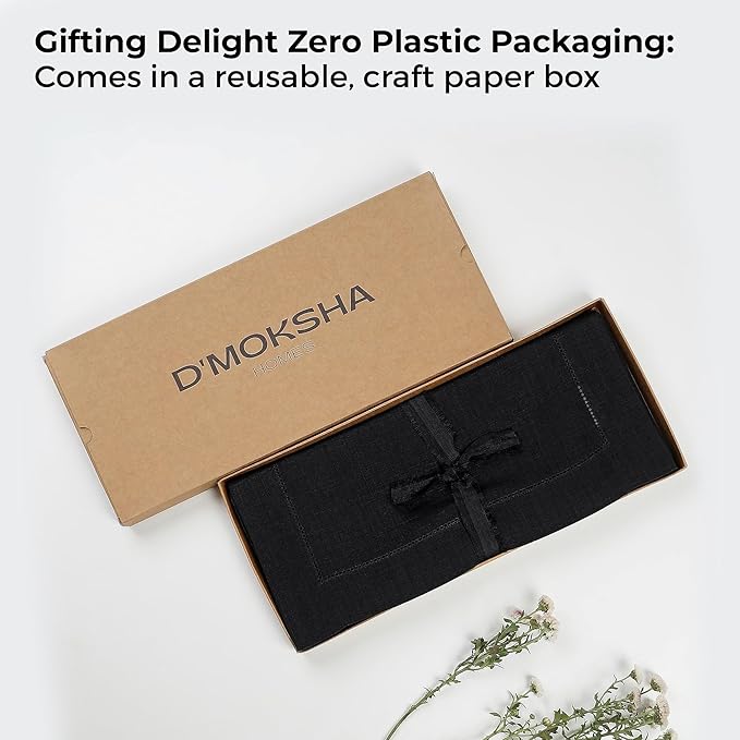 D'Moksha Homes Linen Black Table Runner 60 Inches - Classic Hemstitch, 100% Pure Linen Coffee Table Runner 14 x 60 Inch Ideal for Dresser Tables - Spring, Easter