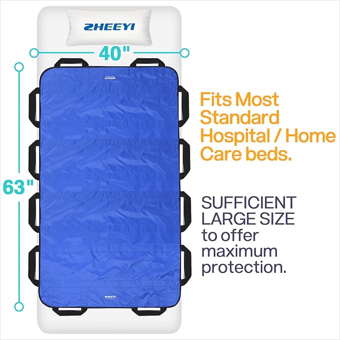 Bed Positioning Pad with Reinforced Handles 63" x 40" Washable Patient Transfer Slide Sheet for Body Lifting, Turning, Repositioning, for Elderly, Incontinence, Caregiver, Blue