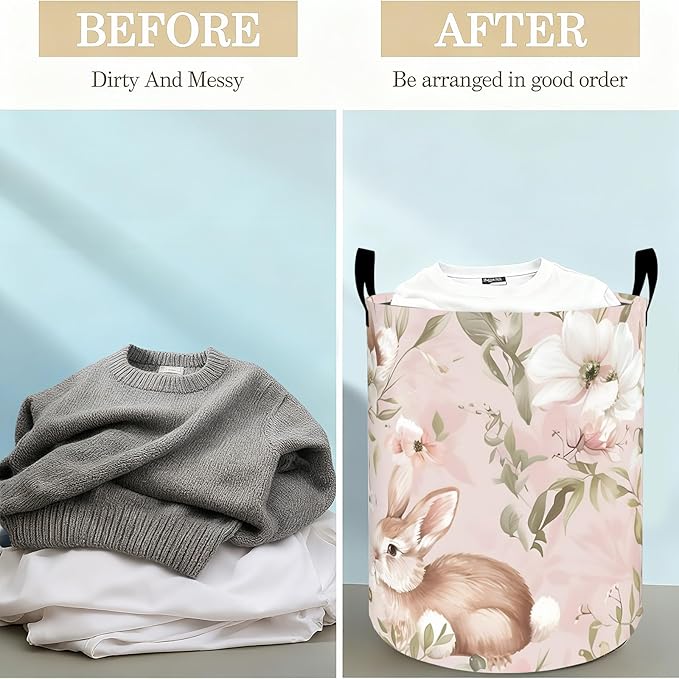 Cute Bunny Floral Laundry Basket Hamper for Boys Girls Kids Adults, Foldable Waterproof Oxford Clothes Storage Bin, Rabbit Organizer for Bedroom Bathroom Room Decor 19.7"x15.8"
