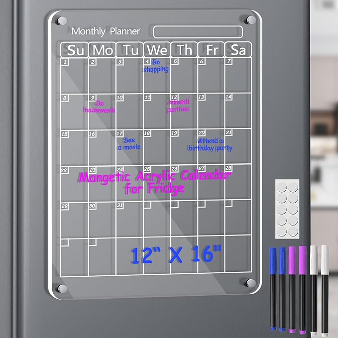 Acrylic Magnetic Calendar for Fridge, 16"x12" Inches Clear Acrylic Magnetic Dry Erase Planning Board of Monthly Calendar for Refrigerator with 6 Colored Markers