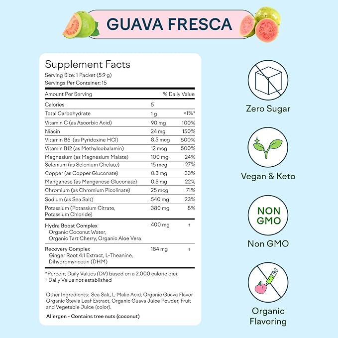Feel Goods Hydration Hero, 1,000mg Electrolytes Powder, Sugar Free, Magnesium, Organic Coconut Water, L Theanine, Vitamin C & B12, Non GMO, Keto, Vegan, Electrolyte Packets | Guava Fresca, 15 Count