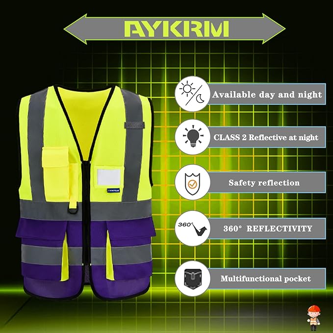 Yellow&Purple 4XL-5XLHigh Visibility Safety Vest with ZIPPER 4 Reflective Strips 7 Pockets