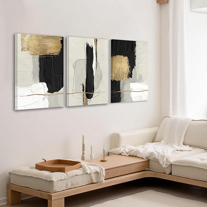 DUWQU 3 Piece Black and Gold Abstract Canvas Wall Art, Modern Black Gold and White Wall Decor, Minimalist Grey Beige Block Art Prints for Living Room Bedroom Office Home Decorations 16×24x3 Inch