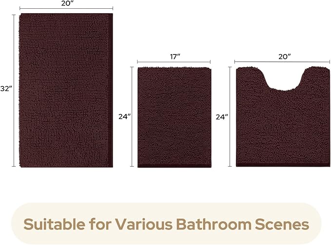 HOMEIDEAS 3 Pieces Bathroom Rugs, Ultra Soft Non Slip Absorbent Chenille Toilet Bath Mat Set (Brown)