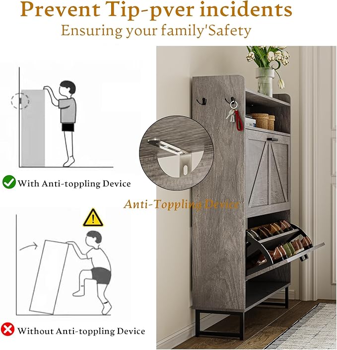 Shoe Cabinet with 2 Flip Drawers, 45" Freestanding Narrow Wood Shoe Storage Cabinet with Metal Legs and Hooks, Slim Shoe Rack Organizer for Entryway, Hallway, Grey
