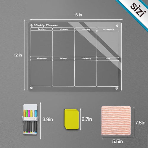 16"X12" Acrylic Weekly Planner for Fridge,Acrylic Magnetic Menu Board for Kitchen,Clear Meal Planner for Refrigerator,Magnet Weekly Calendar for Fridge with 6 Magnetic Markers