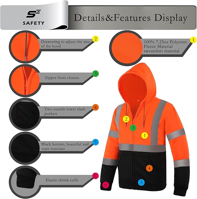 sesafety High Visibility Safety Sweatshirt for Men, Class 3 Reflective Zippered Hooded Sweatshirt, Hi-Vis Safety Hoodie with Black Bottom