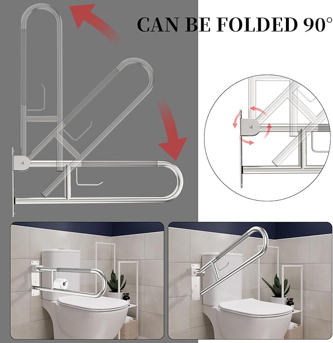 Toilet Grab Bar 30.3 Inch, YuanDe Brushed Nickel Anti-Slip Support Rail, U Shaped Flip-Up Grab Bar with Paper Holder, Stainless Steel Knurled Handicap Safety Handrails for Disabled Elderly Pregnant