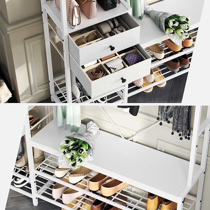 7-in-1 Hall Tree with Bench and Shoe Storage for Entryway, Entryway Bench with Coat Rack, Storage Shelves, Shoe Race, Coat Hooks and 2 Fabric Drawers for Hallway(White)