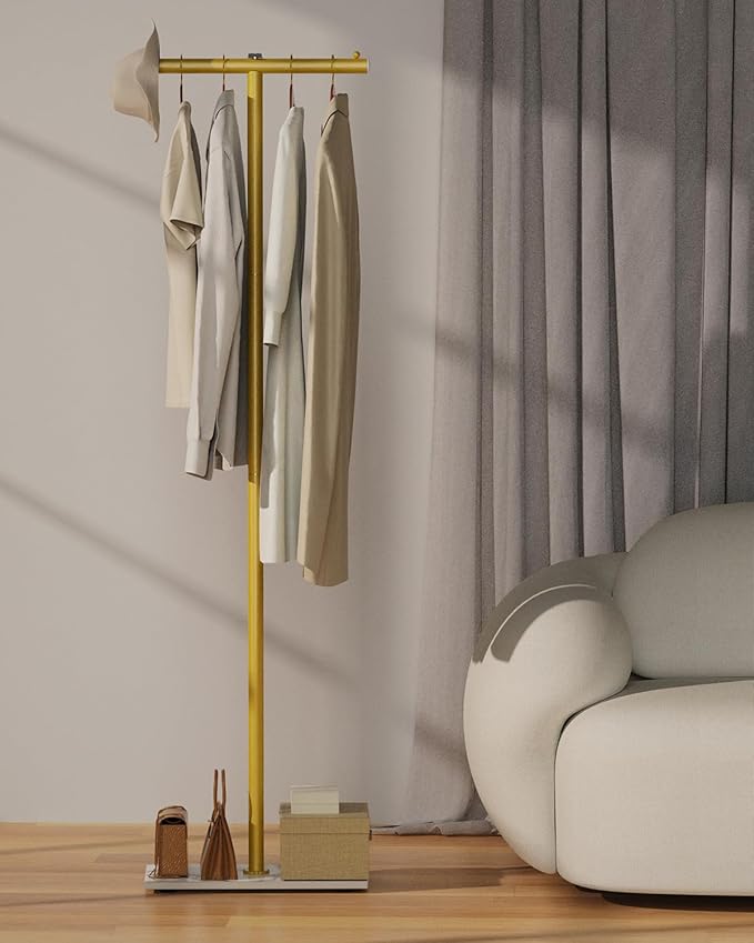 T-shaped Coat Rack Freestanding, Modern Clothes Rack with Rock Slab Base, Heavy-duty Metal Coat Tree for Boutiques, Hallway, Entryway, 68.9 Inches High, Golden Yellow, GYJ001WJ