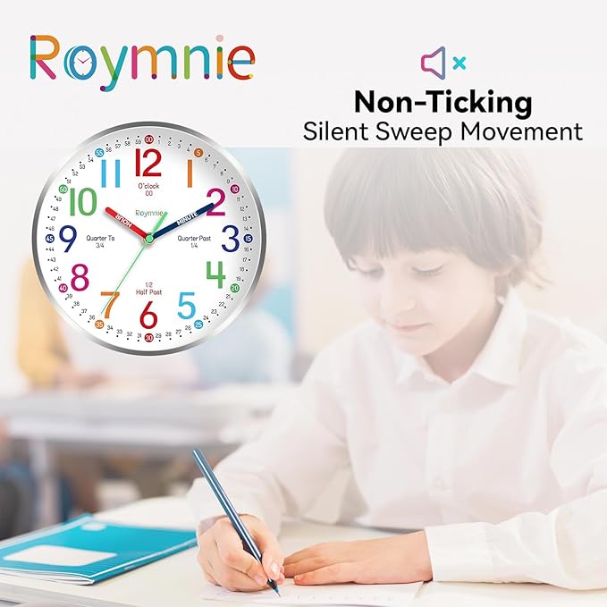 14 Inch Wall Clock for Kids Learning to Tell Time, Modern Silent Battery Operated Teaching Clock, Ideal Gift for Kids Room School