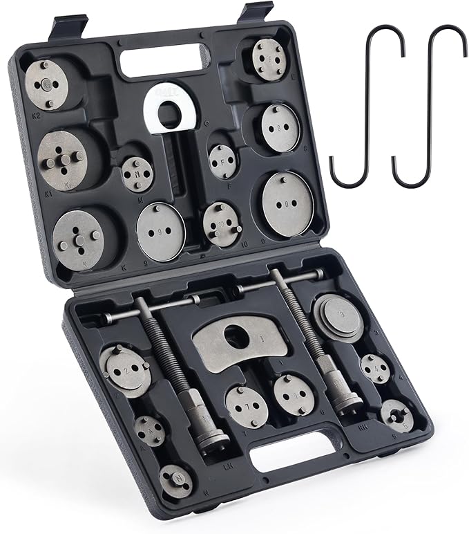 Orion Motor Tech Brake Caliper Wind Back Tool Kit, 24pc Brake Caliper Compression Tool Set with Thrust Bolt Assemblies Retaining Plates Caliper Hangers 18 Disc Adapters, Caliper Tool with Case, Black