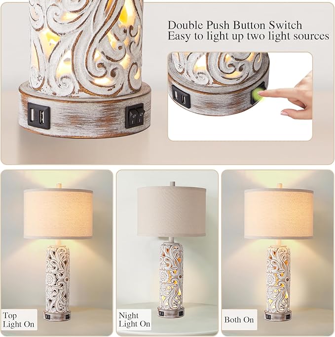 Set of 2 Rustic Farmhouse Table Lamps for Living Room Bedroom, Vintage Bedside Lamp with Dual USB Port, Antique White Resin Retro Nightstand Lamps with Night Light