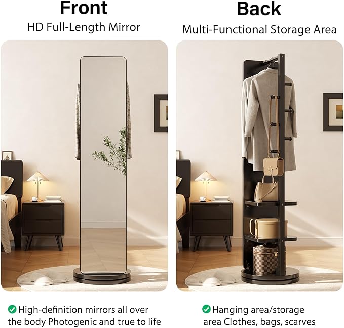 Full Length Mirror with Stand,Mirror Coat Rack,65.7 ''×15.8 ''Floor Mirror for Bedroom, Living Room, Dressing Room (Black)