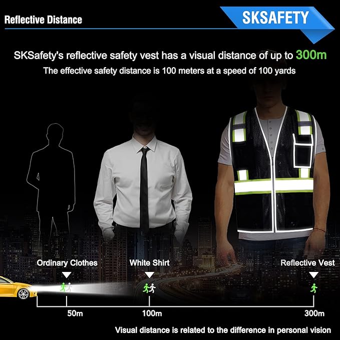 SKSAFETY 10 Pockets Safety Vest, Class 2 High Visibility Security with Zipper Double-sided mesh, Hi Vis Vest with Reflective Strips, ANSI/ISEA Standard, Construction Work Vest （Black, 4XL）