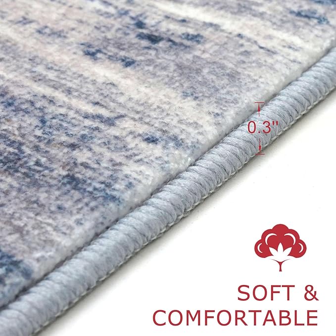 KOZYFLY Modern Abstract Round Washable Rug 5Ft, Non-Slip Soft Kitchen Bathroom Circle Rug, Grey-Blue Striped Entryway Rugs Abstract Faux Wool Doormat for Bedside Entrance Bedroom Sink