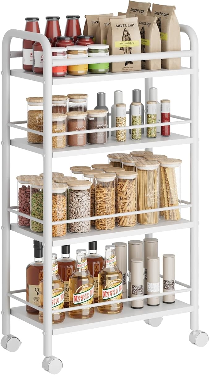 Slim Rolling Cart, 4-Tier Narrow Storage Cart with Handle, 9.1 Inches Deep, Bathroom Shelf for Small Spaces, Kitchen, Dining Room, Living Room, Laundry Room, White