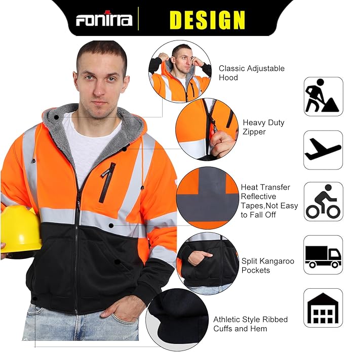 FONIRRA Men's High Visibility Safety ANSI Class 3 Lined Fleece Hoodie Sweatshirt with Black Bottom Jumper Workwear for Men(Orange,5XL)