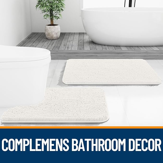 OLANLY Bathroom Rugs Sets 2 Piece, Soft Absorbent Chenille Bath Mats Area Rug Set, Non-Slip, Quick Dry, Machine Washable Bath Mats for Bathroom, Home Decor Accessories (59"x20"+30"x20", Ivory)