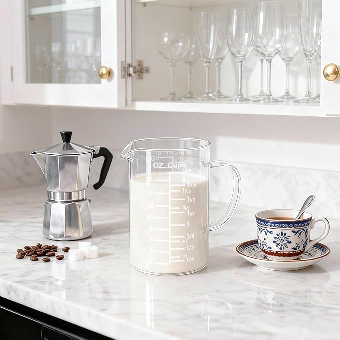 BCnmviku Graduated Glass Measuring Cup -500 ML /16 Oz/ 2 Cup Easy to Read [Insulated Handle | V-Shaped Spout] - High Borosilicate Glass Measuring Cup for Kitchen or Dining (500ml)