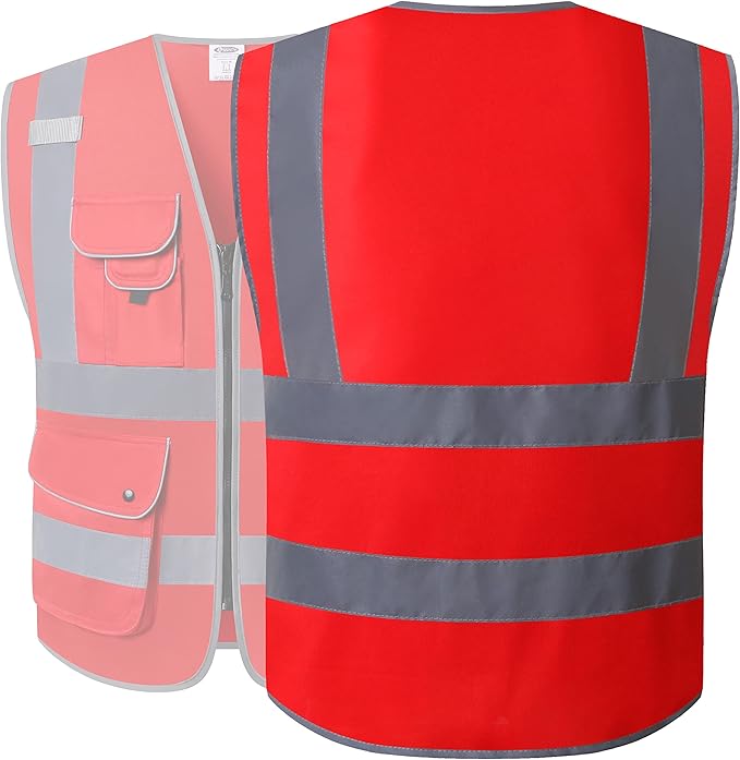JKSafety 9 Pockets High Visibility Zipper Front Safety Vest With Reflective Strips,Meets ANSI/ISEA Standard (Medium, 150-Red)