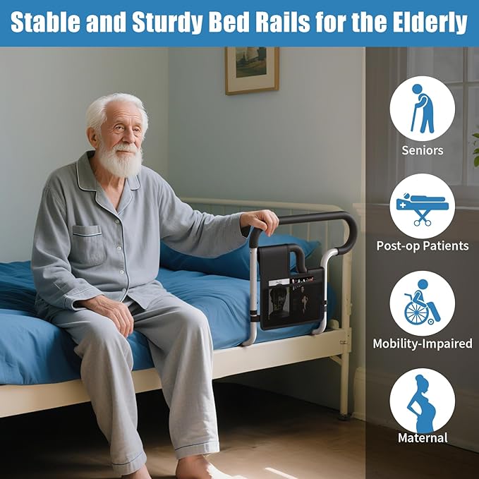 Bed Rails for Elderly Adults Safety: Adjustable Bedside Assist Bar for Seniors - Side Bed Railing Handle Support Guard - Bedrails Slides Under Mattress Fit King Size Queen Full Twin Beds