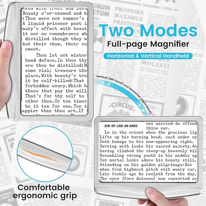 Rechargeable 5X Magnifying Glass for Reading, Large Bright Full Page Magnifier with Light, Handheld LED Dimmable Lighted, Lightweight Book Magnifier for Reading Small Prints Seniors - Silver