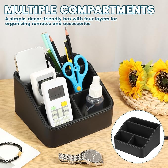 PU Remote Control Holder, Small Desk Organizer Office Supply Bedside Caddy for Nightstand End Table Remote Organizer with 3/4 Compartment (Black)(4 grids)