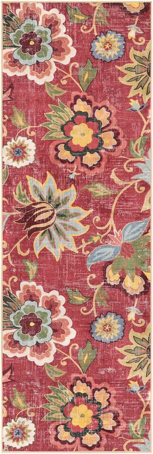 Beeiva Floral Washable Runner Rug 2x6, Red Christmas Runners Rug for Hallway with Rubber Backing, Ultra Thin Vintage Non Skid Washable Carpet for Bedroom Entrway Laundry Room