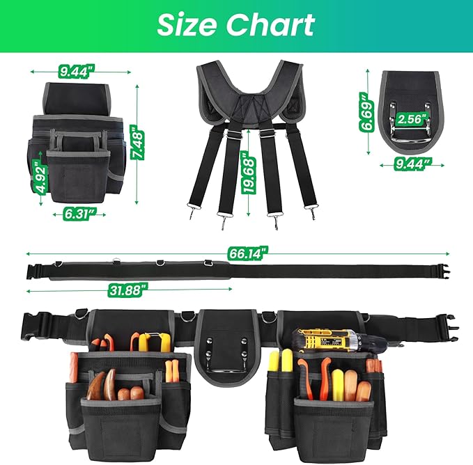 Tool Belt With Suspenders, Heavy Duty Magnetic Tool Belts for Men with 18 Pockets, Tool Belt with Adjustable 32 to 66 Inches Detachable Waist for Electricians, Carpenters, Framers, Black-Grey