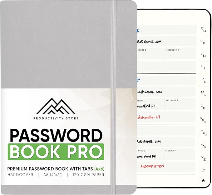 PRODUCTIVITY STORE Best Password Book With Alphabetical Tabs | Small Password Book, Organizer & Notebook | Password Keeper To Keep Website Logins & Passwords Safe | Black | Small 4x5.5