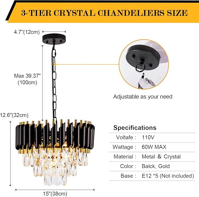 3-Tier Black Gold Crystal Chandelier 5-Light 15’’ Modern Crystal Pendant Chandelier Ceiling Light Fixture Hanging Lighting for Kitchen Island Dining Room Foyer Entryway Bedroom