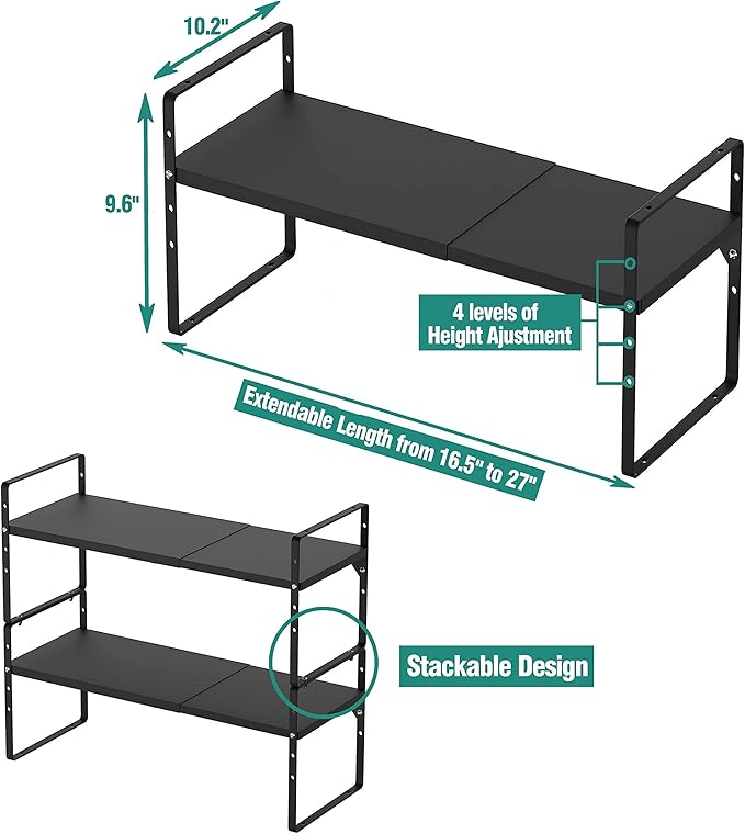 Expandable Cabinet Shelf Organizer Rack, Stackable Kitchen Counter Storage Shelves Stand, Adjustable Height Pantry Shelf Spice Rack, Heavy Duty Nonslip Black Large 2Pack
